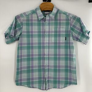 COLUMBIA‎ Mens Short Sleeve Plaid button Up Shirt Size Large Green & Purple